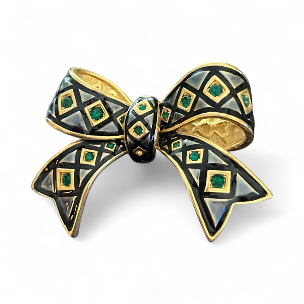 38 Joan Rivers Gold and Black Bow Brooch with Green Accents